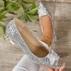 Многолетние большого размера осенние хрустальные каблуки с острым носком, с пайетками, бантом и квадратной пряжкой, на толстом высоком каблуке, туфли-лодочки, обувь для подружки невесты