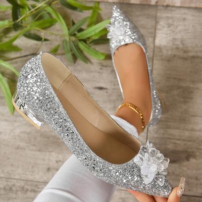 Многолетние большого размера осенние хрустальные каблуки с острым носком, с пайетками, бантом и квадратной пряжкой, на толстом высоком каблуке, туфли-лодочки, обувь для подружки невесты