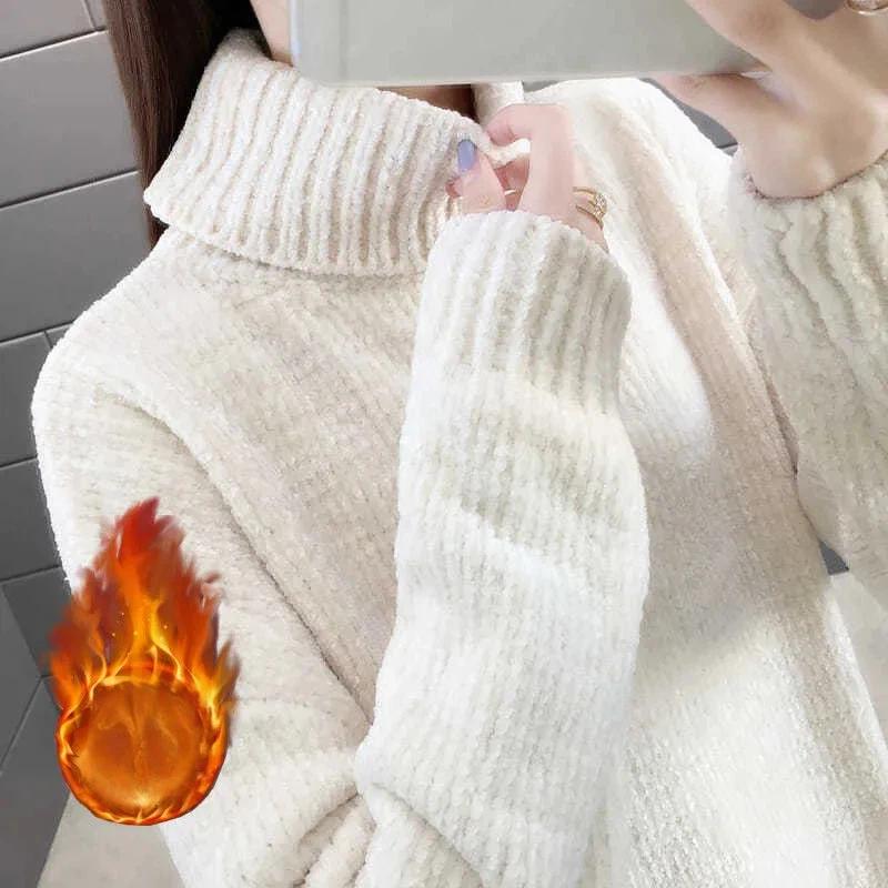 Женский свитер Зимний Утепленный Пуловер Теплый Вязаный Эластичный С Длинным Рукавом Оверсайз Джемпер Свитер Топы