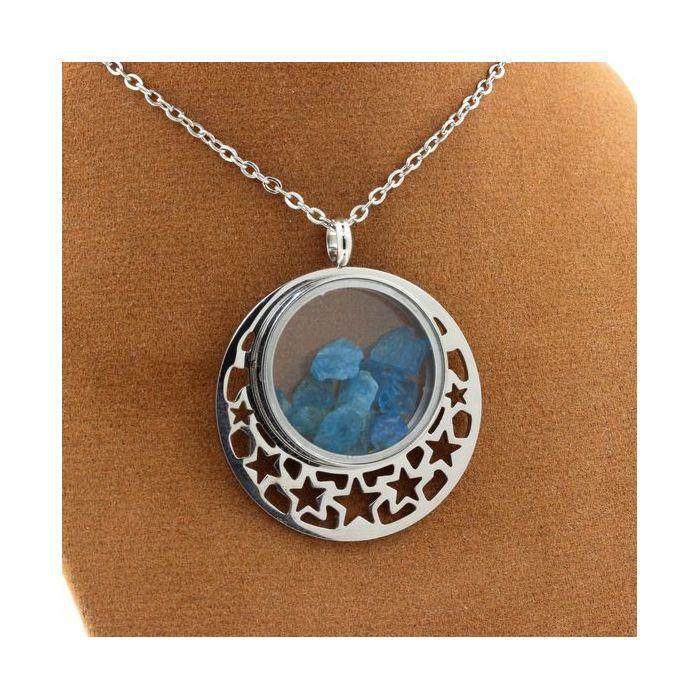 Pierres et Minéraux. Collier Apatite bleu neon brut. Modèle quart de Lune.