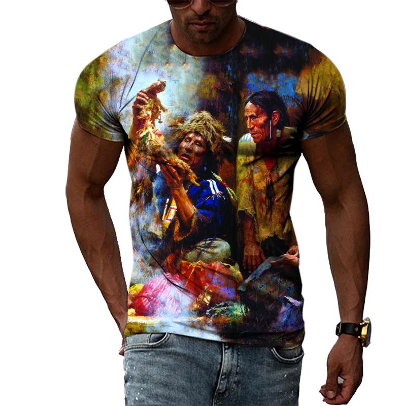 Индийские племенные вожди, летняя индивидуальная 3D печать Харадзюку, повседневная свободная дышащая мужская футболка с круглым вырезом и короткими рукавами, топ