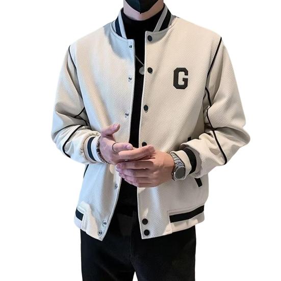 Men Baseball Coat Long Sleeve Single-Breasted Jacket with Letters Print Baseball Collar Outdoor Sports Outerwear