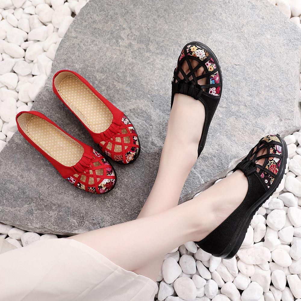 Spring Summer Cloth Shoes Women's Hollow Out Non-slip Soft Bottom Single Shoes Large Size Print Flat Slip-on Sandals