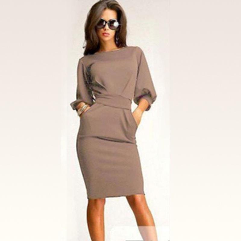 Elegant Women Fashion Sexy Fifth Sleeve Round Neck Pocket Bodycon Cocktail Dress