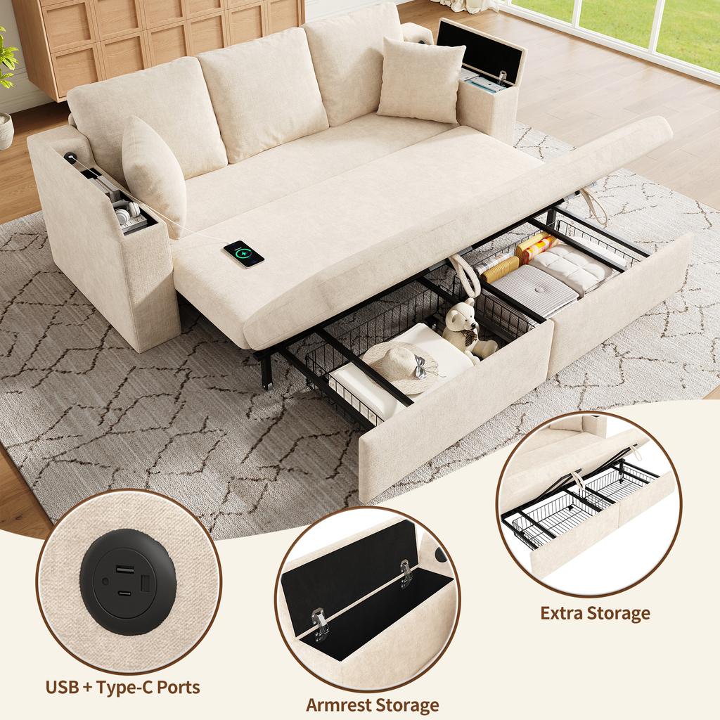 3-in-1 Multifunctional 3-Seater Sofa with Sleep Function, Pull-Out Metal Frame, Storage, Armrest Tray and USB Charging Port, Beige[old sku:N653P2570A]