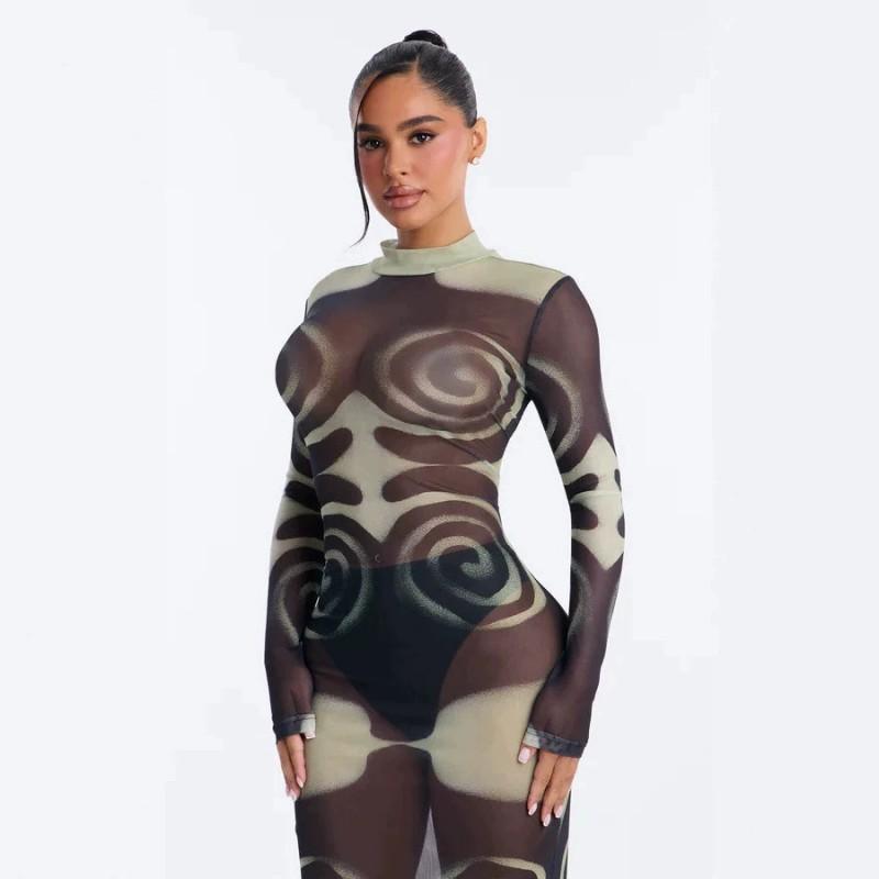Womens Sexy Mesh Printed Long Sleeve Dress Round Neck High Waist Slim Fit 2026 Fall