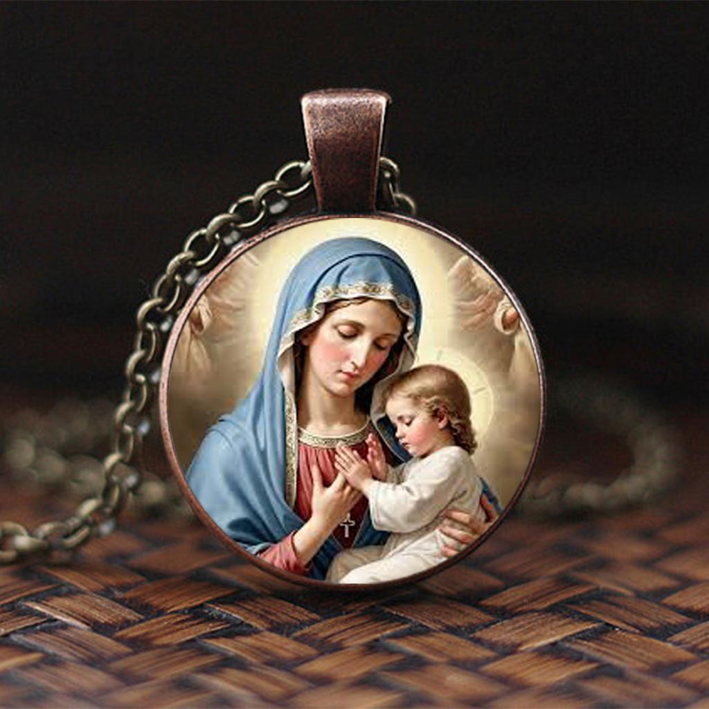 Virgin Mary Mother Of Baby Glass Pendant Jesus Christ Christian Jewelry Jesus Oil Painting Necklace Gift For Men Women