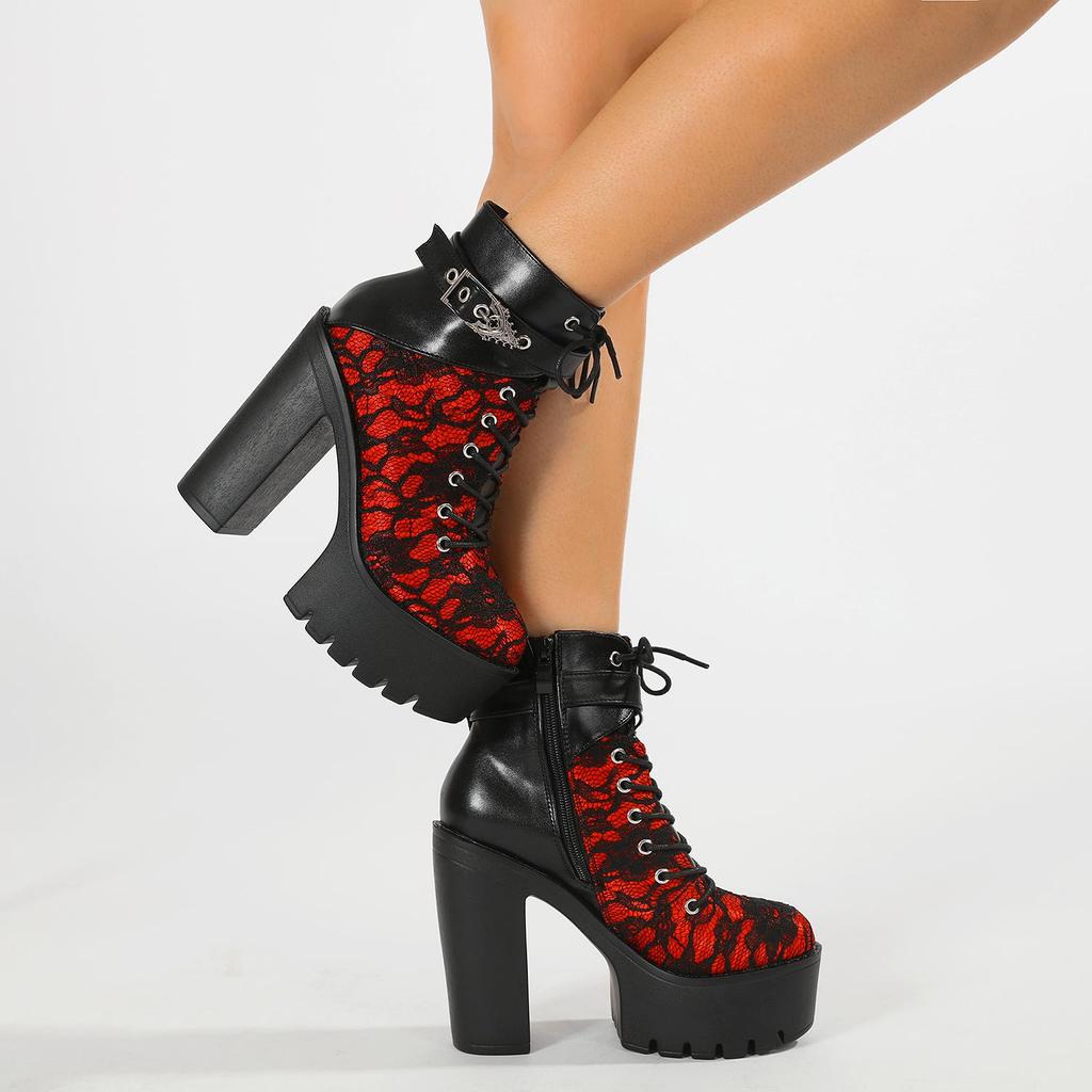 Gdgydh Gothic Vintage Lace Red High Heel Ankle Boots with Platform Sole Ankle Strap Women Boots for Dressy Occasions