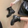 Fashion Female British Style Thick Bottom Short Boots Autumn Winter New Black Chunky Heeled Punk Lace Up Pu Leather Motorcycle Botas
