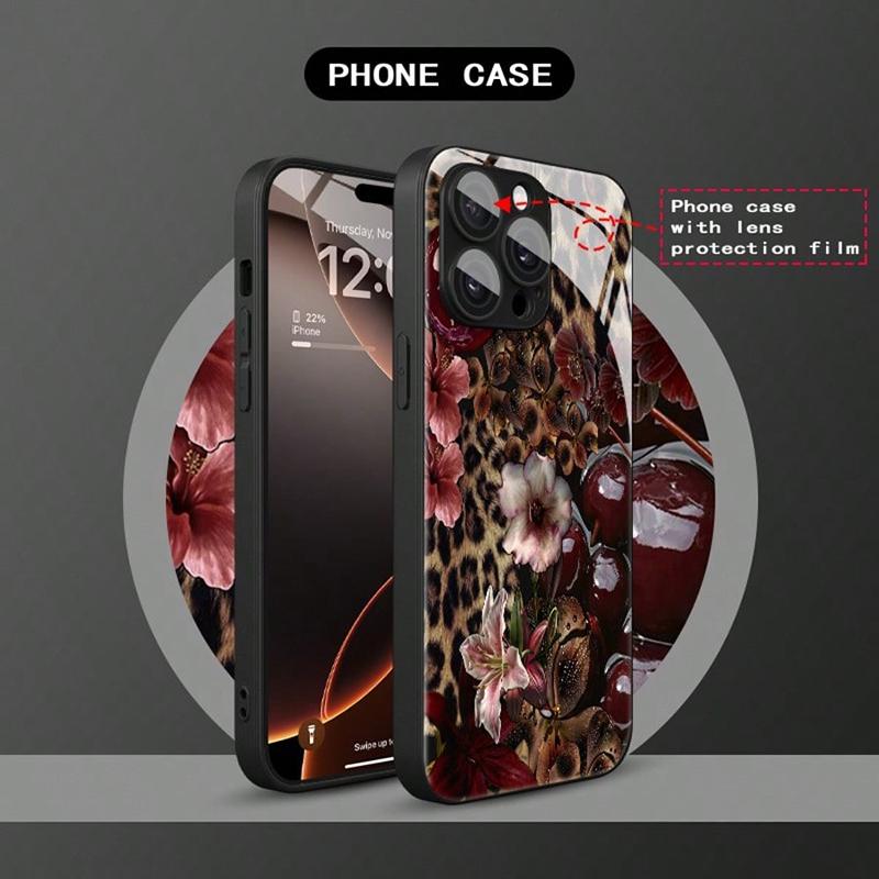 Закаленное стекло с узором "Леопардовая вишня" Чехол для телефона Для iPhone 17 16 15 14 13 12 11 Pro Max 17Air 16E 7 8 15 Plus XR XS X Чехол