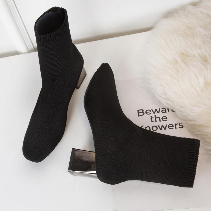 Ботинки женские 2025 осень и зима женская обувь универсальные эластичные короткие ботинки женские грубый каблук заостренный летящий вязаные ботинки женские