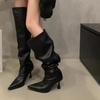 Fashion Fashion Pleated Stack Boots Autumn New Pointed Toe Splice Sleeve Non-Slip Wear-Resistant Stiletto Heel Tall Boots
