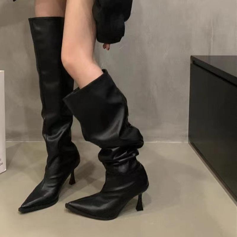 Fashion Fashion Pleated Stack Boots Autumn New Pointed Toe Splice Sleeve Non-Slip Wear-Resistant Stiletto Heel Tall Boots