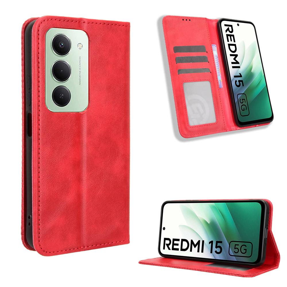 Для Xiaomi Redmi 15 5G (Глобальный) (169 мм) Кожаный чехол-кошелек с подставкой, ретро-текстурированный чехол для телефона