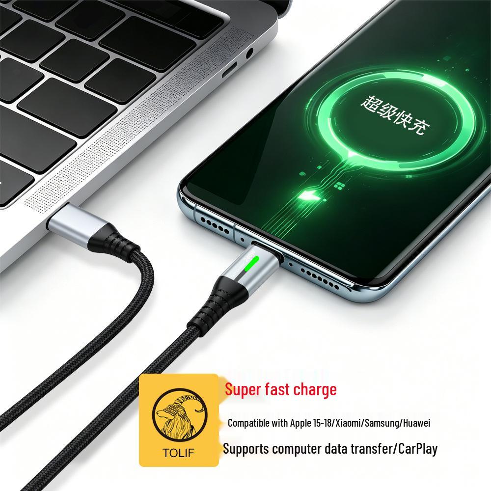 Быстрый зарядный кабель 240 Вт с двумя портами USB-C и светодиодной подсветкой для устройств Apple, Android, Huawei.