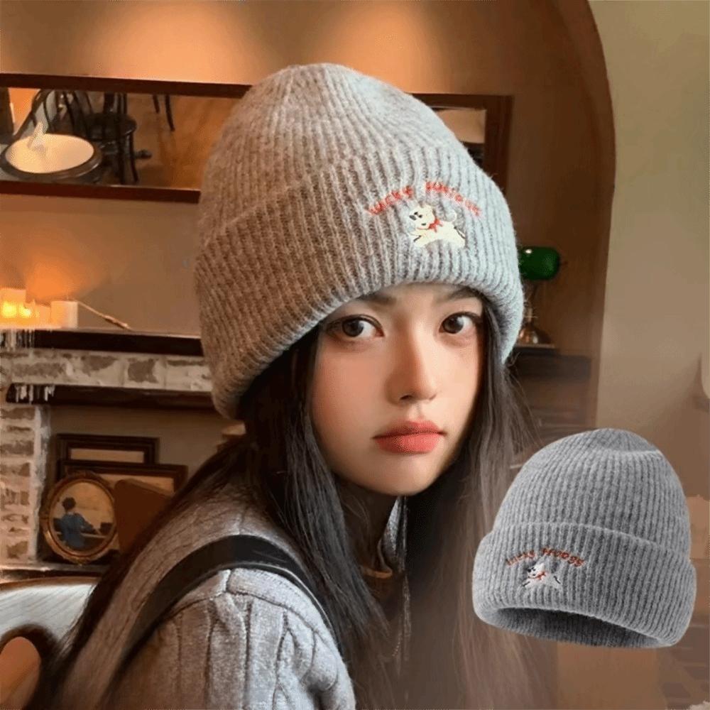 Cute Puppy Embroidery Winter Knitted Hat Thicken Winter Warm Beanie Cap Windproof Soft Crochet Bonnet Hat