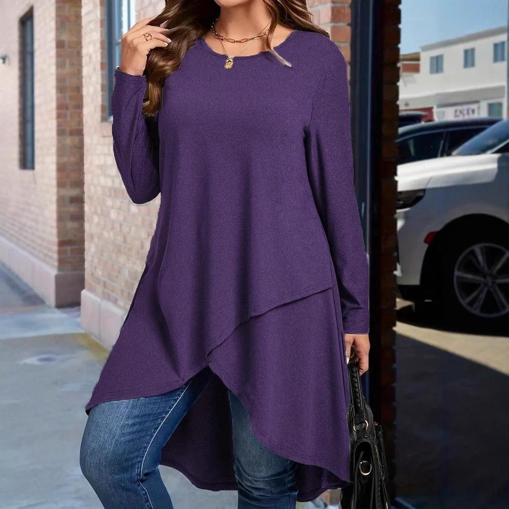 Plus Size Asymmetrical Hem Loose Long Sleeve Top (European & American Style, 2025)