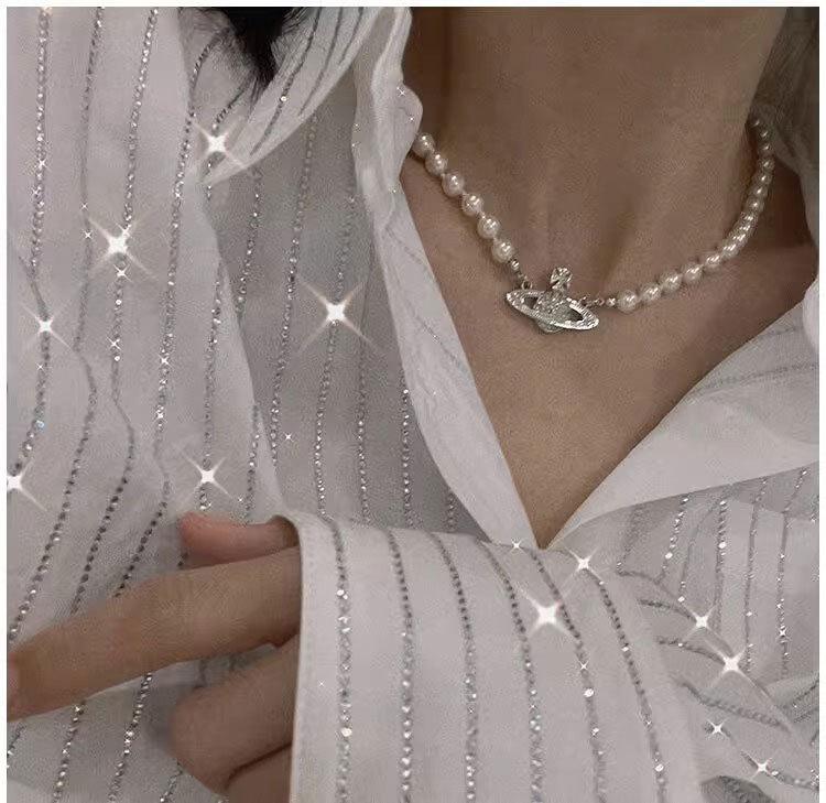 Женское колье из розовых бриллиантов, жемчуга Сатурна - Звездный стиль, полностью бриллиантовая ключичная цепочка, Идеальный универсальный рождественский подарок