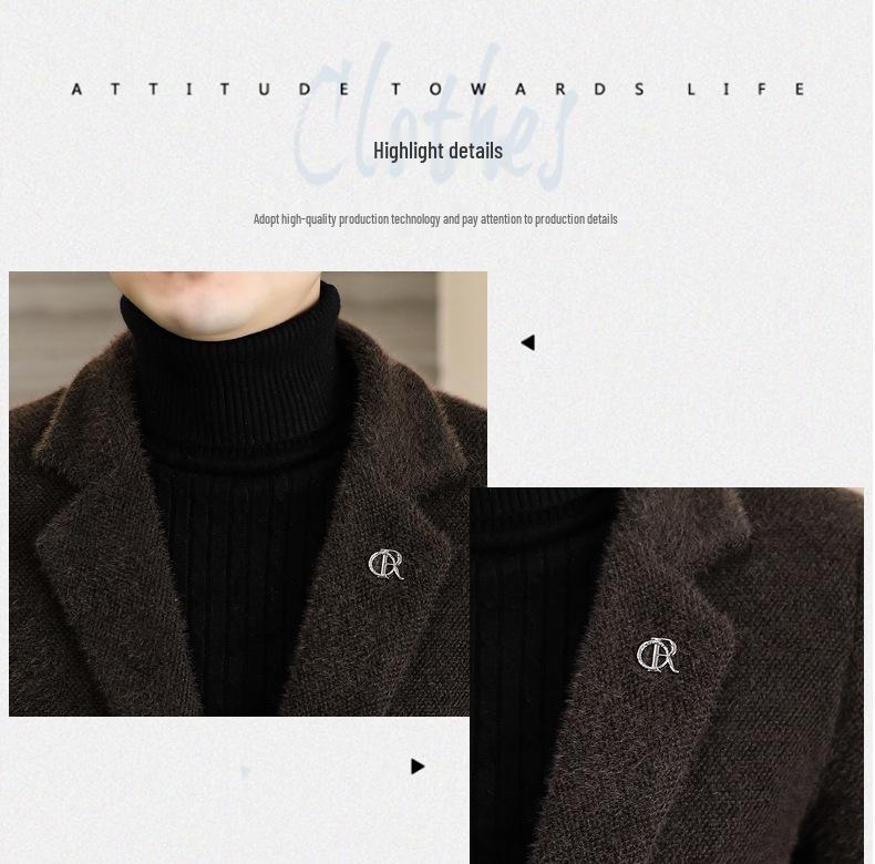 Мужской шерстяной тренч средней длины - Золотистый соболиный бархат, Утепленный, Зимний, с воротником