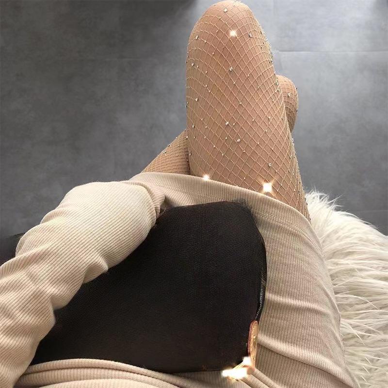 Women Sexy Diamond Tights Rhinestone Fishnet Bling Mesh Hosiery Shiny Fish Net High Waist Pantyhose Party Club Lady Black Tights