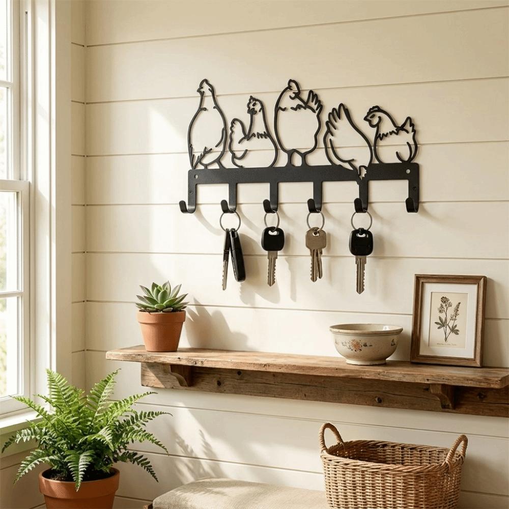 Five Hen Silhouette Wall Hanging Key Holder Vintage Clothes Storage Rack Rural Farmhouse