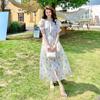 Romantic French Style Summer Dress with Delicate Floral Print Slim Drawstring Clothes for Women
