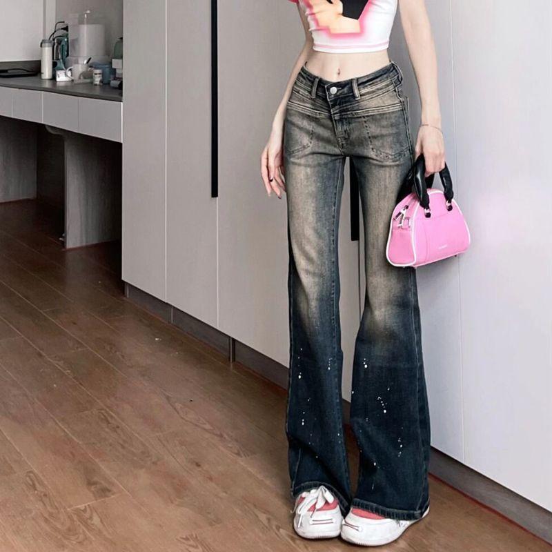 Original Design Spicy Girl Style Low-Waisted Jeans Women's Contrast Washable Old Zip Pocket Button Autumn Slim Micro Flare Pants