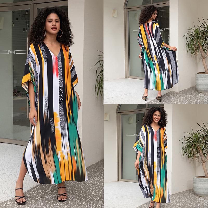 European-American Cotton Print Loose Plus Size Long Dress Beach Cover-Up Robe Style