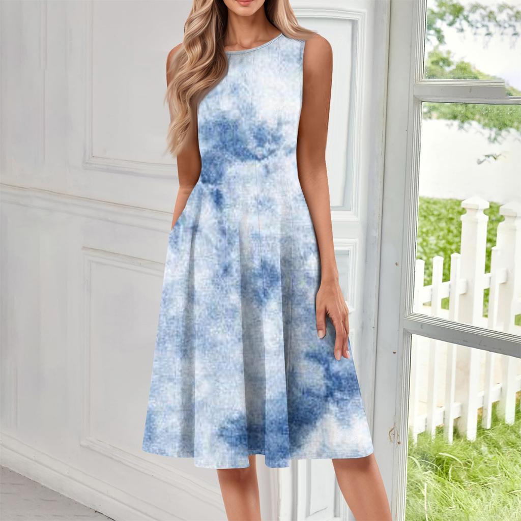 Women's Fashionable Round Neck Sleeveless Printed Casual Pullover Mid Length Dress