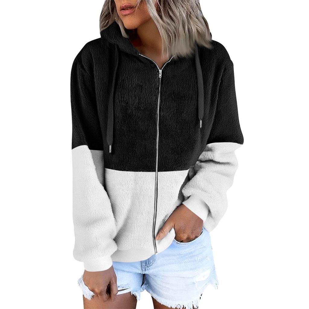 Women's Fashionable Warm Fleece Solid Color Hoodie Zipper Pocket Casual Jacket