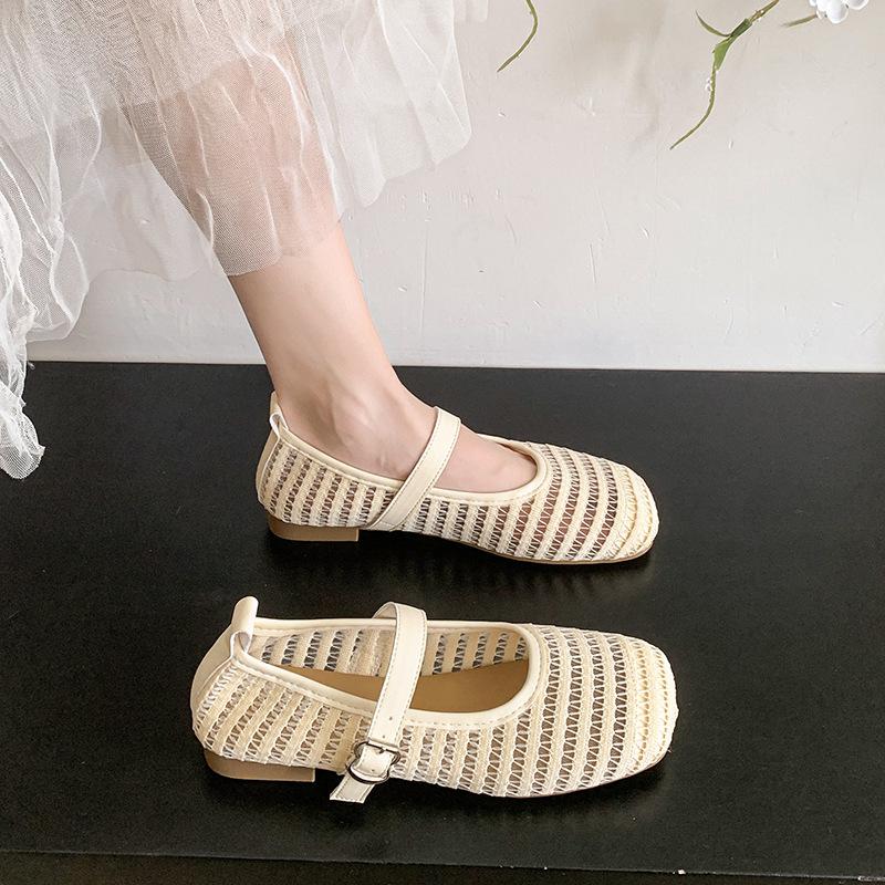 Летние новые сандалии с квадратным носком, мелким вырезом, мягкой подошвой, на плоской подошве, из сетки, дышащие, повседневные туфли Мэри Джейн для женщин