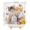 Цветочная Шторка для Ванной с Котятами 180x180 см – Цифровое Искусство с Цветущими Цветами и Бабочками, Милый Декор для Ванной, 12 Крючков