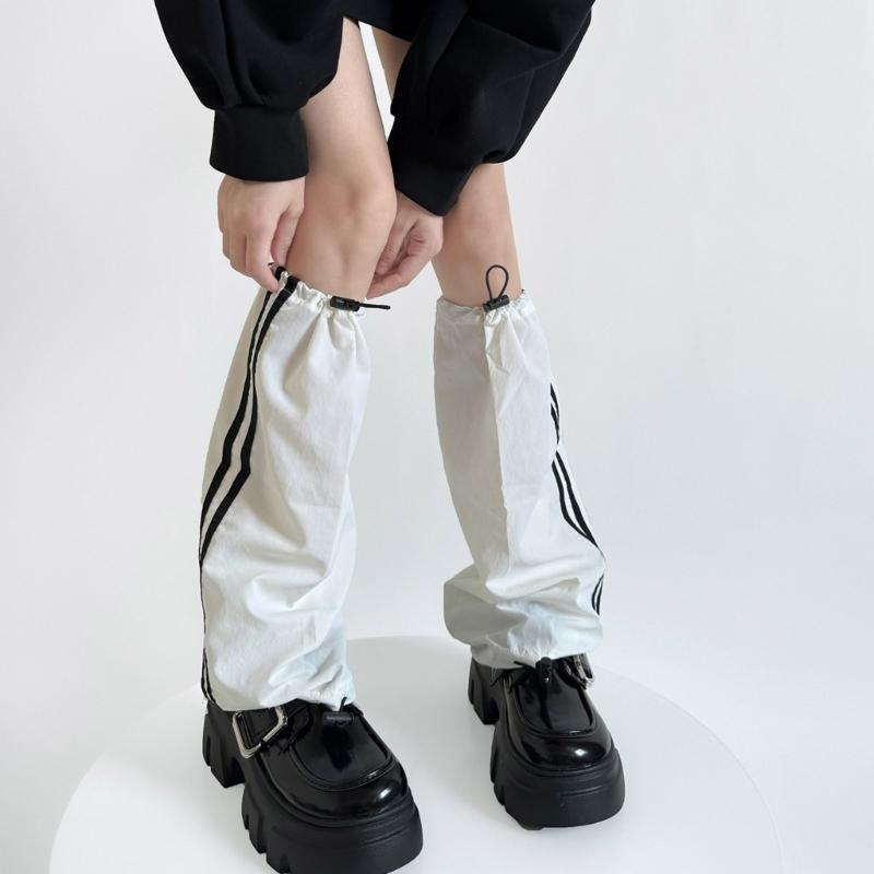 Fashion Drawstring Cargo Leg Warmers for Women Harajuku Side Double Striped Baggy Leg Covers Footless Socks Streetwear