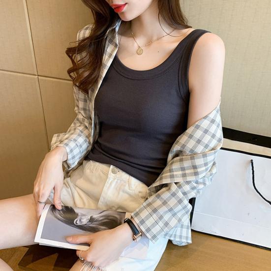Summer Vest Round Neck Sleeveless Slim-Fit Solid Color Tank Tops Soft Elastic Sport Camisole Daily Wear