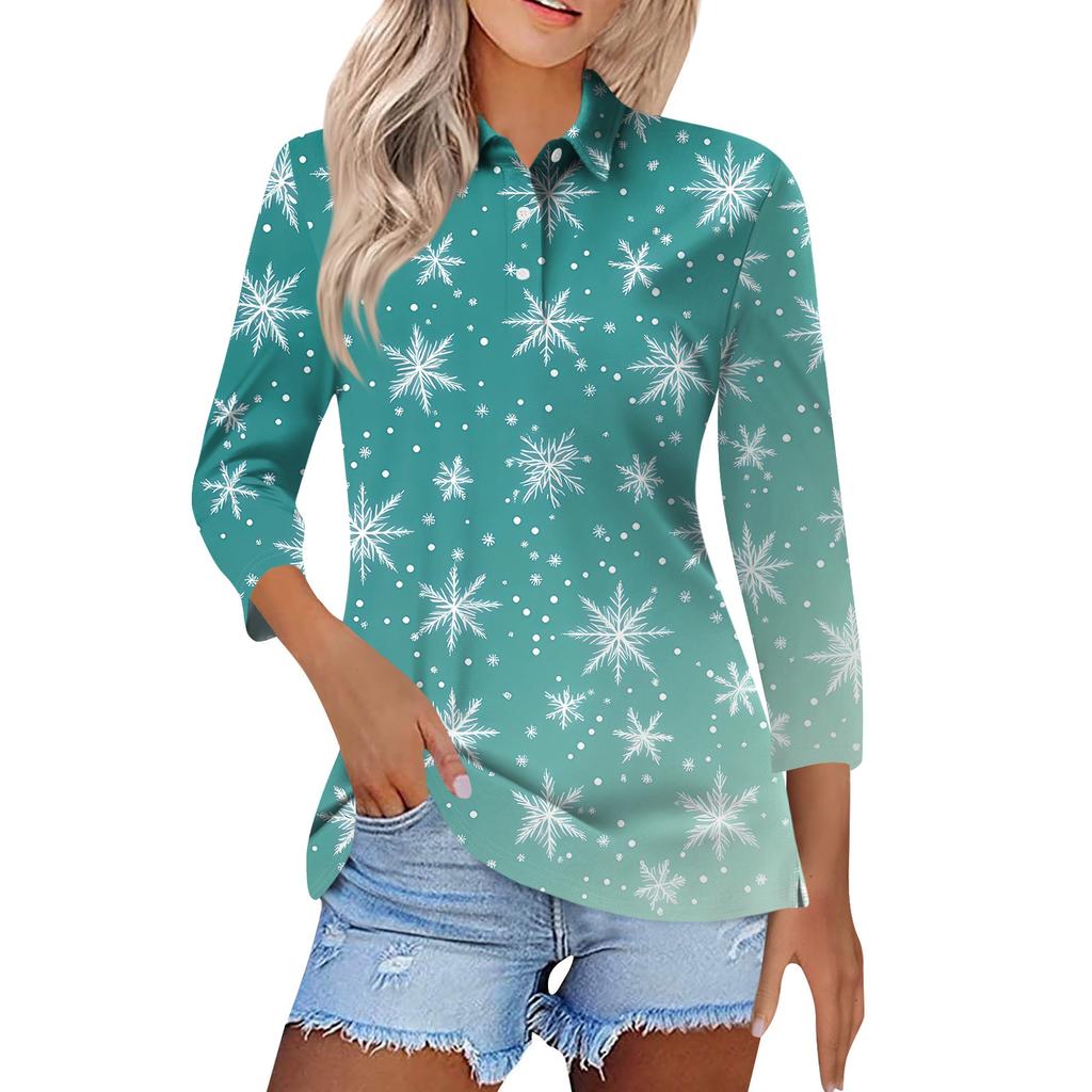 Women's Fashion Casual Lapel Short 3/4 Sleeve Christmas Print Shirt Women's Button Up Tops
