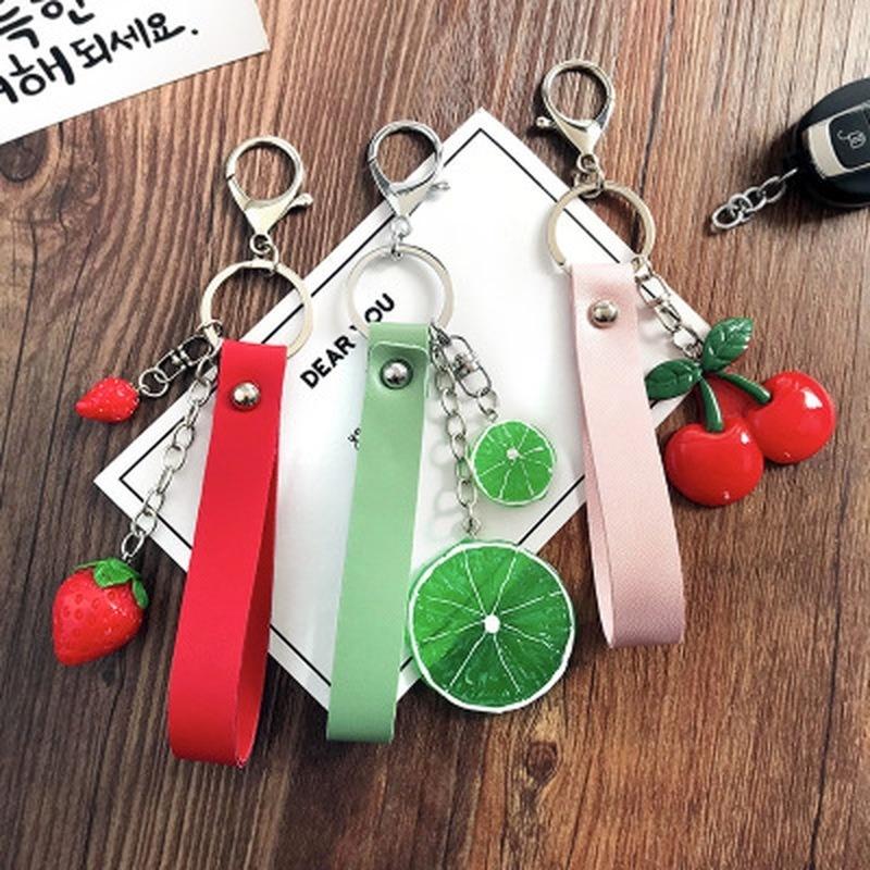 1PCS Creative Fashion Acrylic Fruit Leather Rope Keychain Dragon Fruit Car Keyring