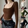 Women Crop Top Square Neck Long Sleeves Slim Fit Knitted Short T-shirt Pure Color Elastic Pullover Top Club Party Blouse