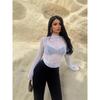 European Style Women's Sexy Round Neck Long Sleeve Mesh See-Through Cropped Top, 2026 Collection.
