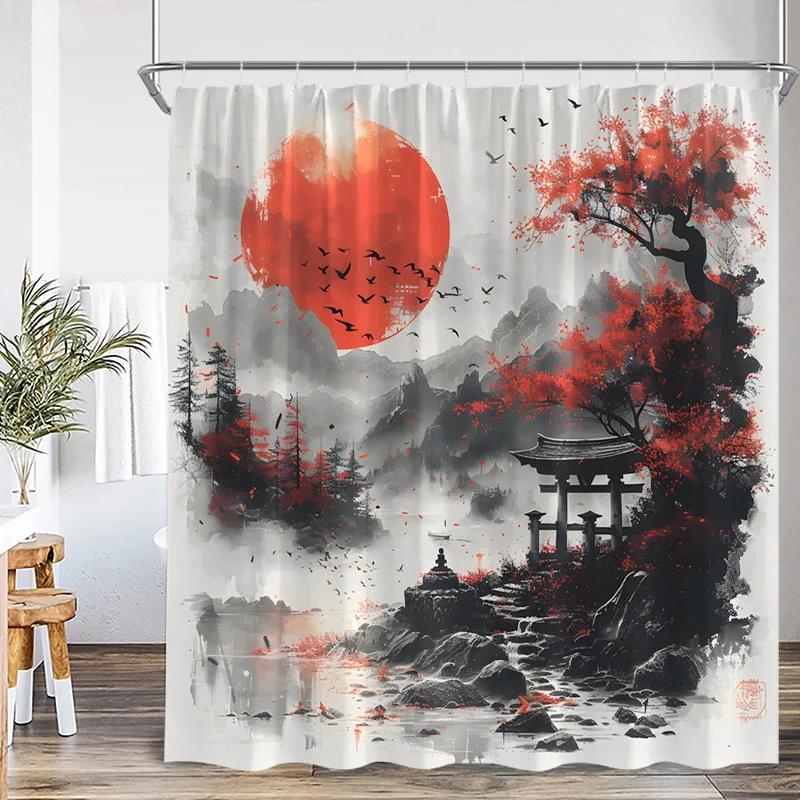 Japanese Landscape Shower Curtains Pink Cherry Blossom Mountain Lake Night Scenery Polyester Fabric Home Bathroom Curtain Decor
