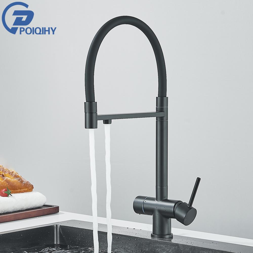 Матовый золотой кухонный кран-очиститель, краны для питьевой воды, двойной излив, фильтрованный кран, смеситель для горячей и холодной воды, монтируемый на палубе