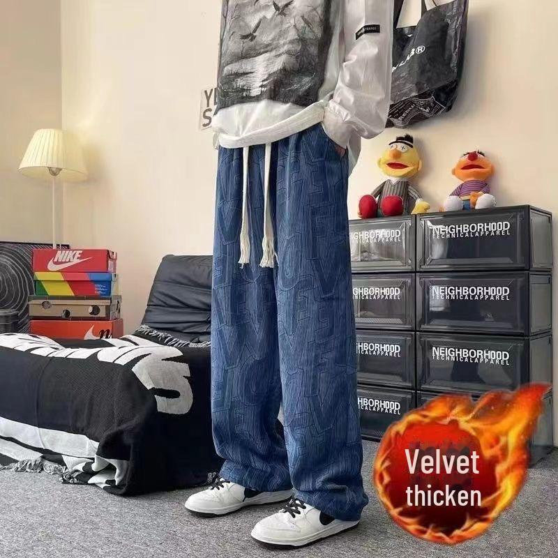 Мужские вельветовые брюки с принтом и широкими штанинами — модный повседневный стиль Гонконга