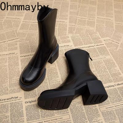 Мода толстые высокие каблуки женские ботильоны модные молнии сзади утягивающие короткие ботинки осень зима женская обувь