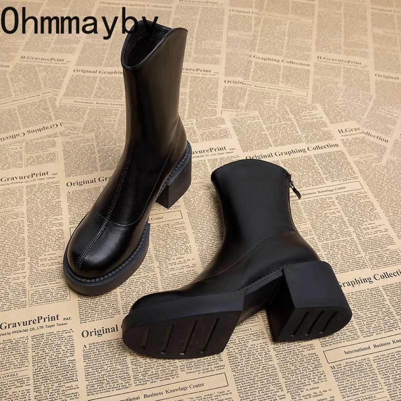 Мода толстые высокие каблуки женские ботильоны модные молнии сзади утягивающие короткие ботинки осень зима женская обувь