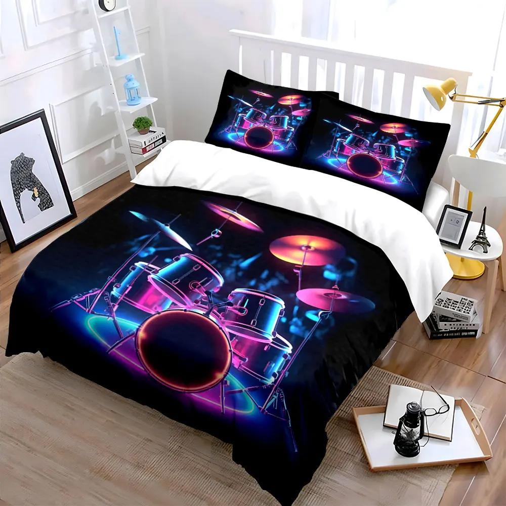 "Neon Drum Set Art Decor" Soft Comfortable Duvet Cover Bedding Set Included 1*Duvet Cover & 2*Pillowcases, gift
