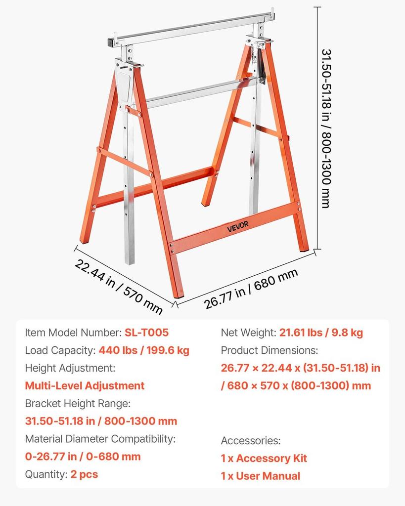 Saw Horses, 2 Pack Folding Work Horses, 199.6 kg Load Capacity Sawhorse with Heavy Duty Legs, Adjustable Height Saw Horse with Non-Slip Foot Pads, for