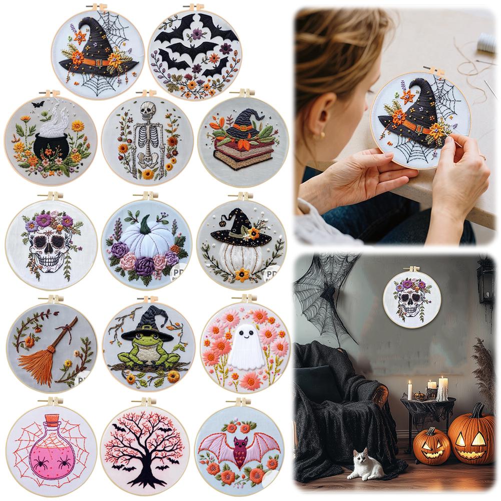 Halloween Embroidery Starter Kit Ghost & Gothic Stamped Cross Stitch Kits with Pattern & Embroidery Hoops for Adults & Beginners