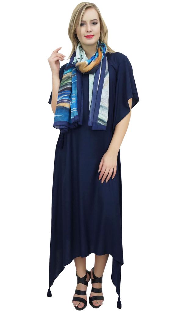 Bimba Women's Sleeve Black Asymmetrical Hem Maxi Dress with Scarf-14