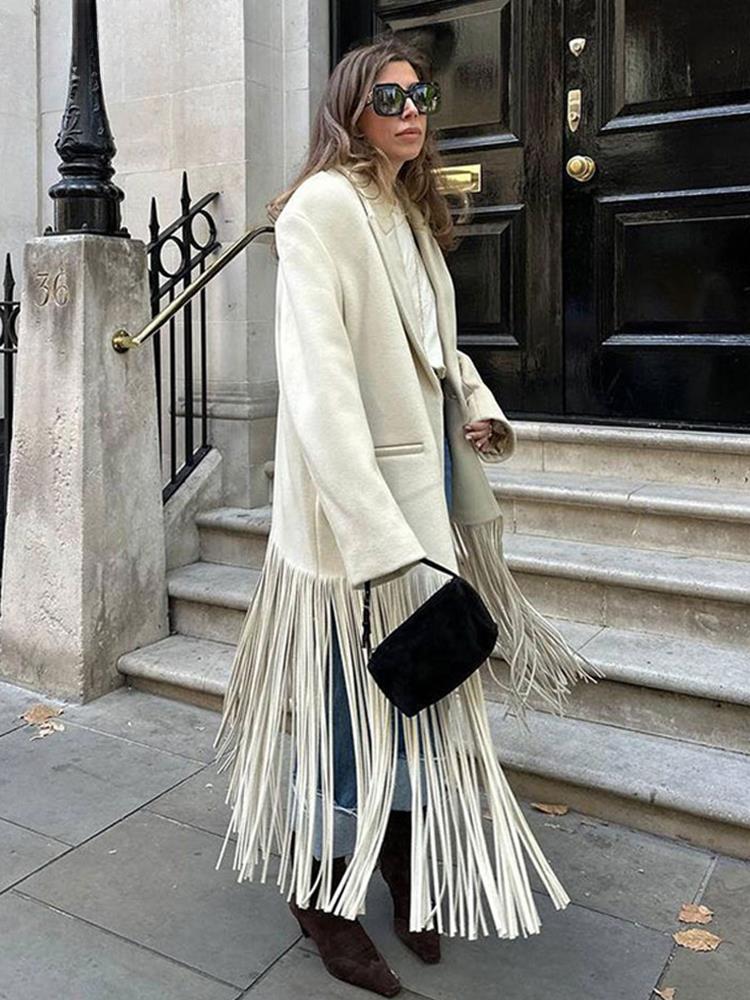 Шерстяное пальто с кисточками, женское, отложной воротник, длинный рукав, карман, женская осенняя куртка