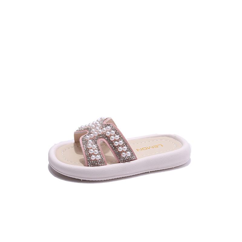 2026New Summer Girls' Slippers Fashionable baby slip-on sandals with soft soles and pearls