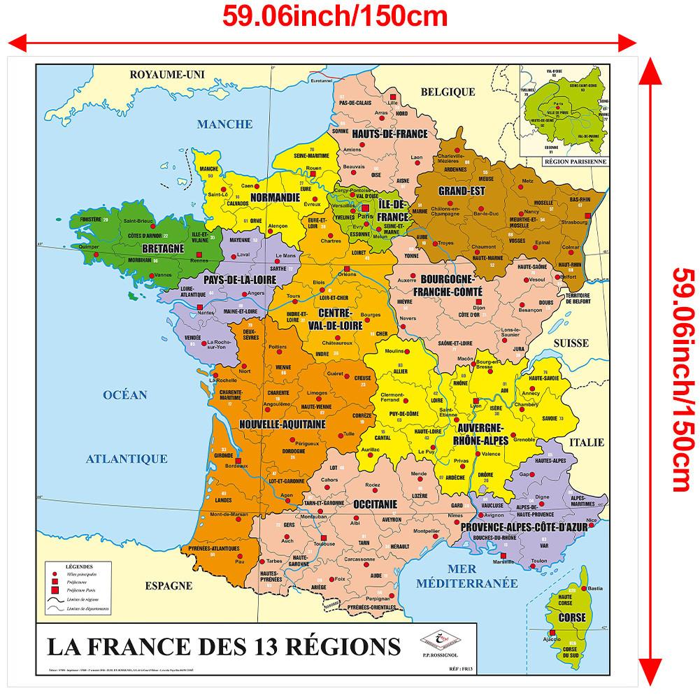 Французская серия Ткань-фон для карты-Административная карта Франции,Постер на холсте без рамы,Информационная таблица для путешествий,Постер для настенного искусства